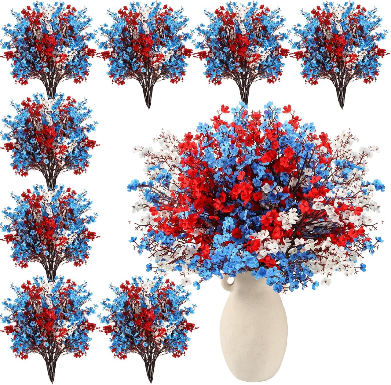 24 Pcs 4th of July Artificial Flowers Red Blue White Patriotic Picks Decoration Independence Day Fake Babys Breath Stems